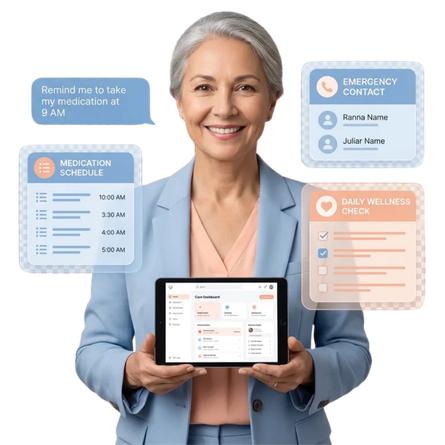Senior support chatbot templates with fall detection, medication reminders, and wellness check-ins