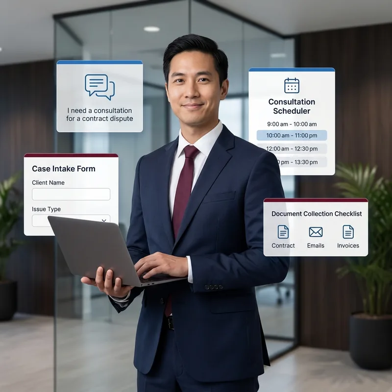 Legal chatbot templates for client screening, consultation scheduling, and case status inquiries